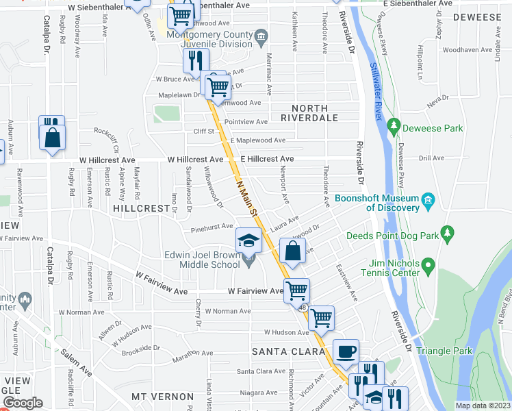 map of restaurants, bars, coffee shops, grocery stores, and more near 2650 North Main Street in Dayton