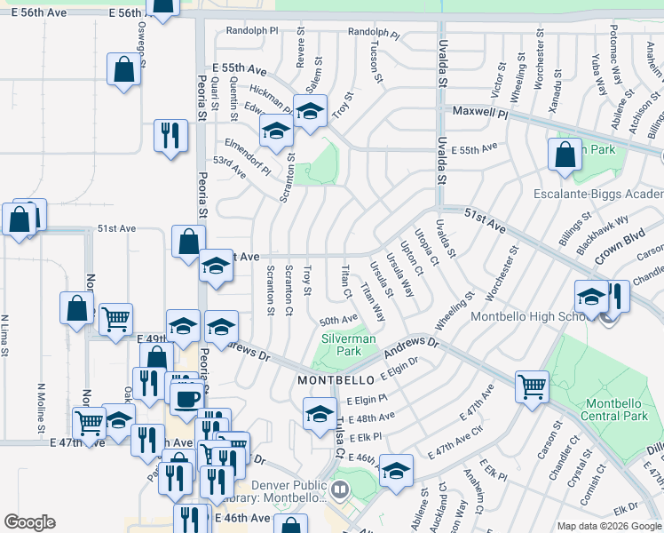 map of restaurants, bars, coffee shops, grocery stores, and more near 5082 Tucson Way in Denver