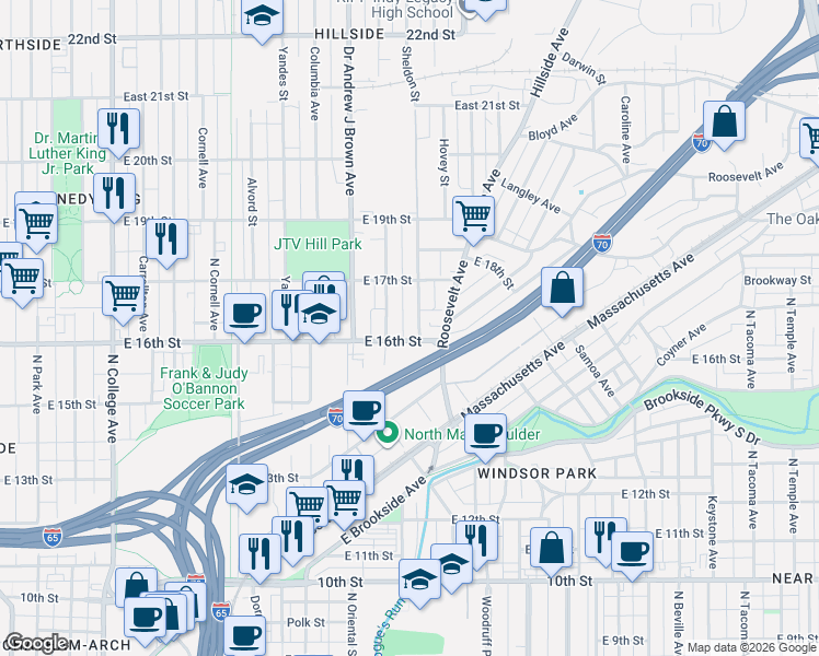 map of restaurants, bars, coffee shops, grocery stores, and more near 1614 Sheldon Street in Indianapolis