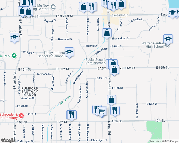 map of restaurants, bars, coffee shops, grocery stores, and more near 8807 East 16th Street in Indianapolis