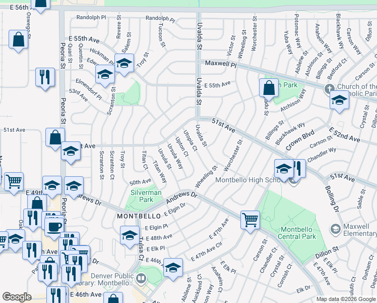 map of restaurants, bars, coffee shops, grocery stores, and more near 5042 Upton Court in Denver