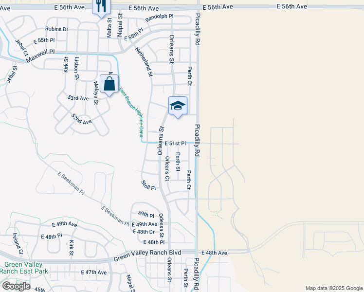 map of restaurants, bars, coffee shops, grocery stores, and more near 5142 Perth Street in Denver