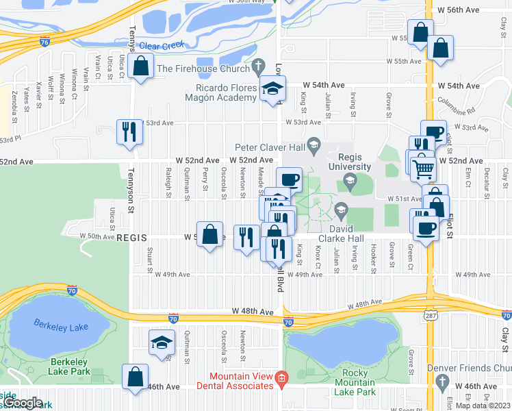 map of restaurants, bars, coffee shops, grocery stores, and more near 5085 Meade Street in Denver