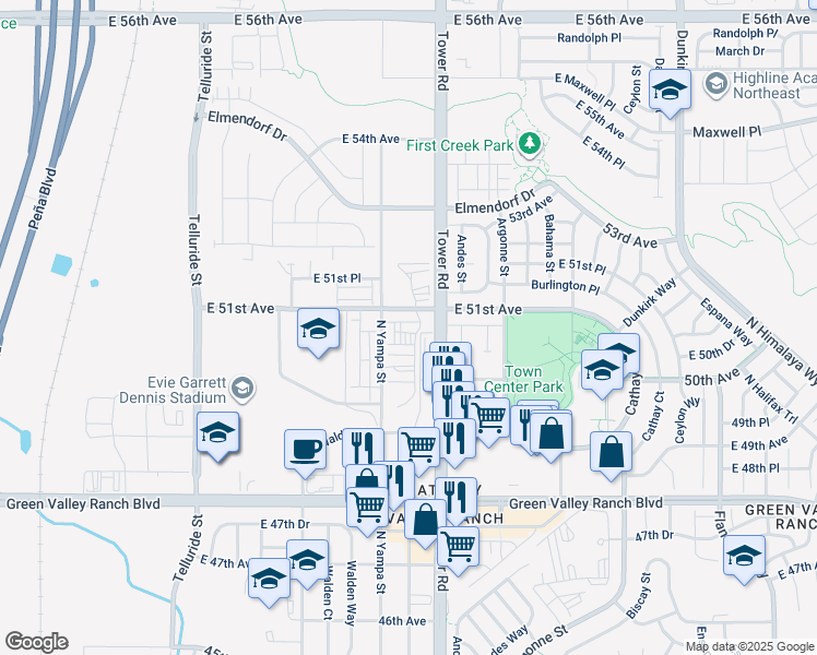 map of restaurants, bars, coffee shops, grocery stores, and more near 18400 East 51st Avenue in Denver