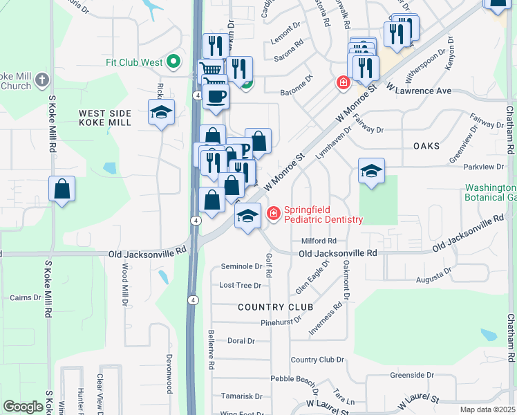 map of restaurants, bars, coffee shops, grocery stores, and more near 1101 Centre West Drive in Springfield