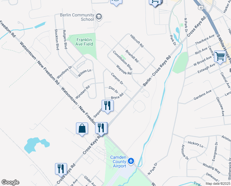 map of restaurants, bars, coffee shops, grocery stores, and more near 17 Zion Drive in Berlin