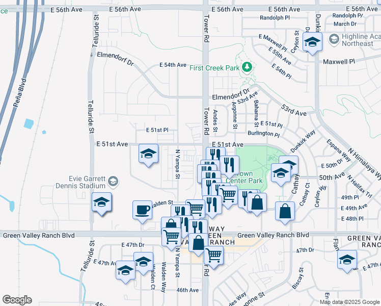 map of restaurants, bars, coffee shops, grocery stores, and more near 18400 East 51st Avenue in Denver
