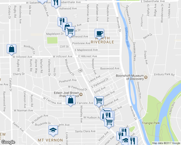 map of restaurants, bars, coffee shops, grocery stores, and more near 33 E Shadyside Dr in Dayton