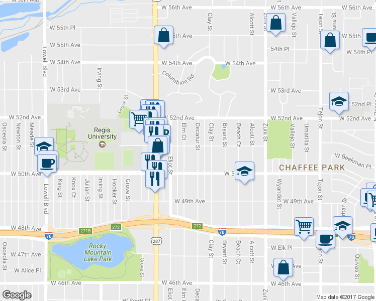 map of restaurants, bars, coffee shops, grocery stores, and more near 5080 Elm Court in Denver
