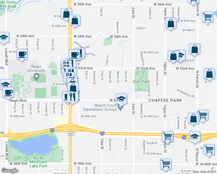 map of restaurants, bars, coffee shops, grocery stores, and more near 5085 Bryant Street in Denver