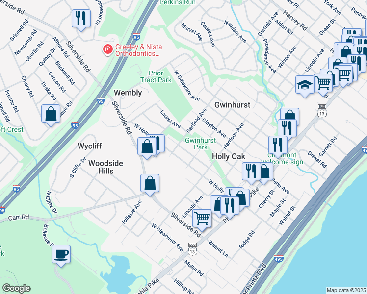 map of restaurants, bars, coffee shops, grocery stores, and more near 309 Wyoming Avenue in Wilmington