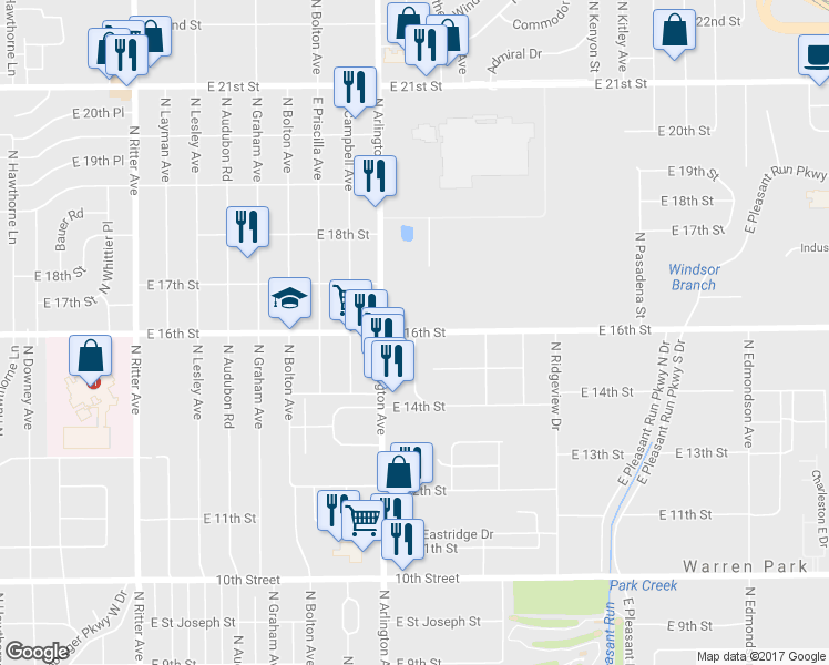 map of restaurants, bars, coffee shops, grocery stores, and more near North Webster Avenue in Indianapolis