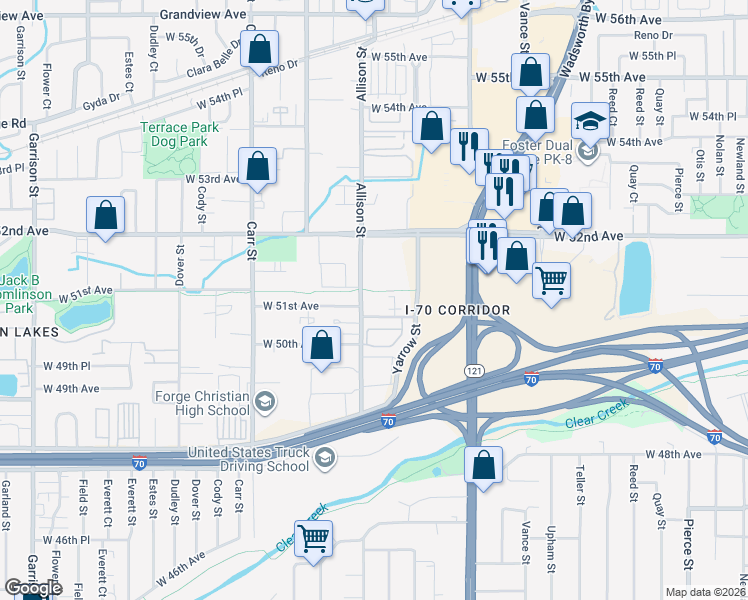 map of restaurants, bars, coffee shops, grocery stores, and more near 7995 West 51st Avenue in Arvada