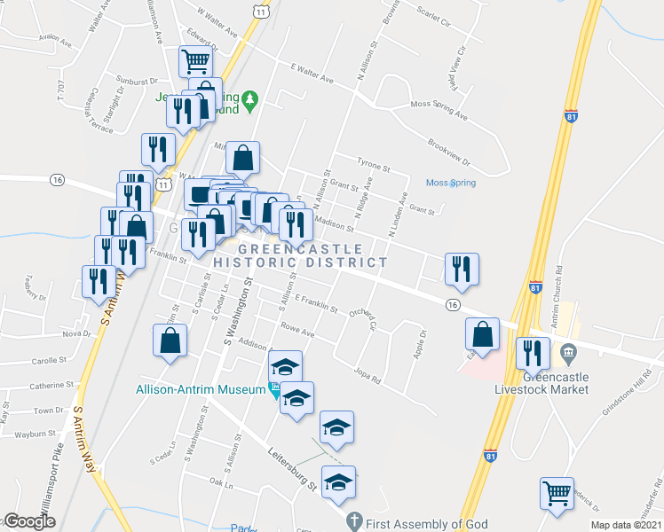 map of restaurants, bars, coffee shops, grocery stores, and more near 260 East Baltimore Street in Greencastle