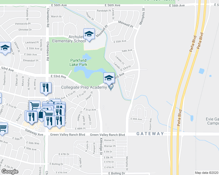 map of restaurants, bars, coffee shops, grocery stores, and more near 5290 Kittredge Street in Denver