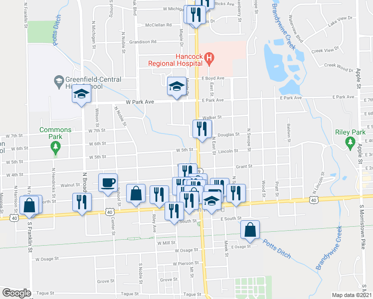 map of restaurants, bars, coffee shops, grocery stores, and more near 15 West 5th Street in Greenfield