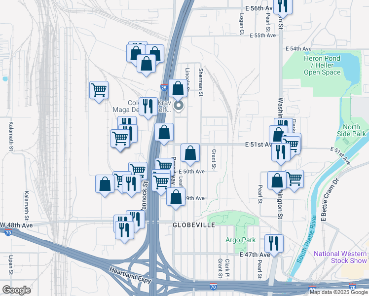 map of restaurants, bars, coffee shops, grocery stores, and more near 5085 Lincoln Street in Denver
