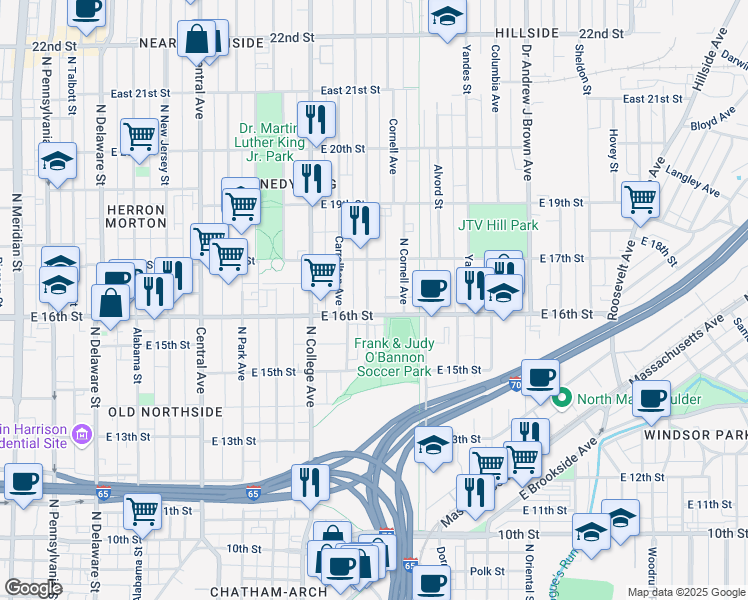 map of restaurants, bars, coffee shops, grocery stores, and more near 1615 Bellefontaine Street in Indianapolis