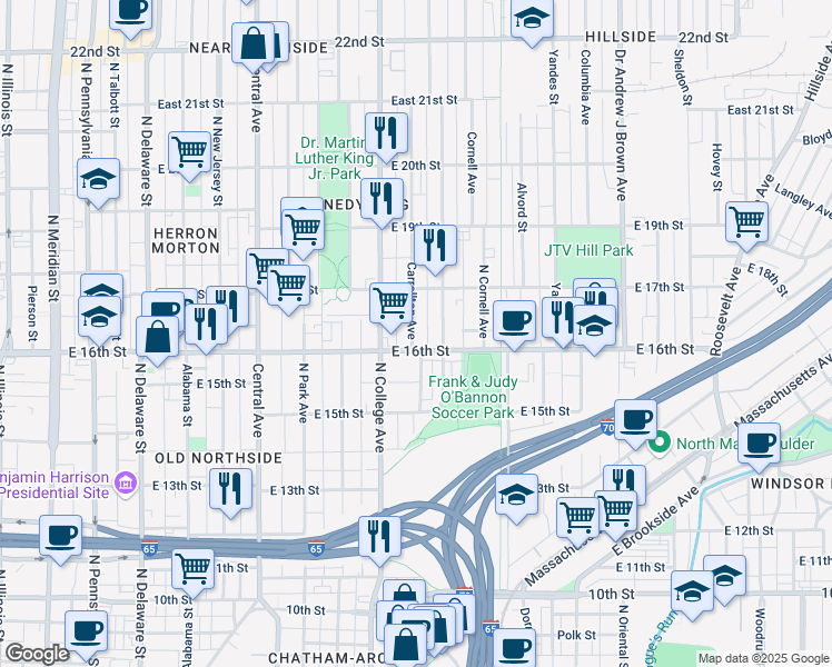 map of restaurants, bars, coffee shops, grocery stores, and more near 1615 Carrollton Avenue in Indianapolis