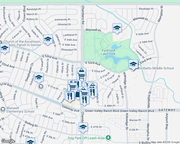map of restaurants, bars, coffee shops, grocery stores, and more near 5180 Hannibal Street in Denver