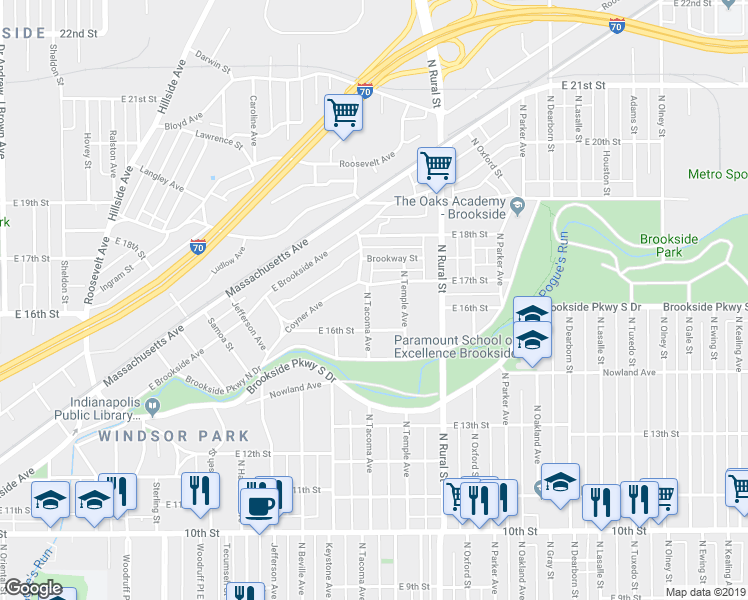 map of restaurants, bars, coffee shops, grocery stores, and more near 1635 North Tacoma Avenue in Indianapolis