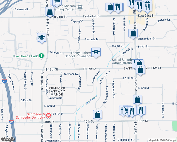 map of restaurants, bars, coffee shops, grocery stores, and more near 1518 Fenwick Court in Indianapolis