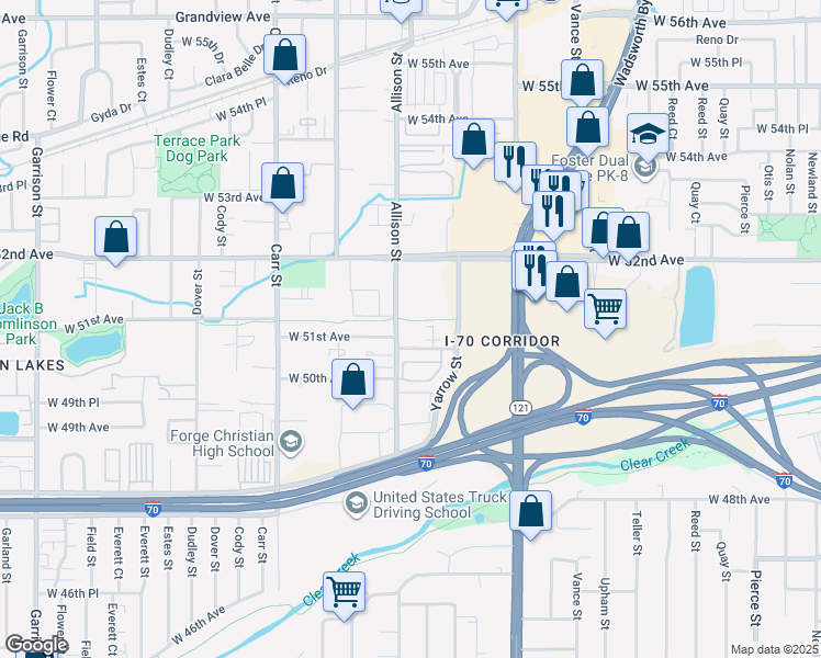 map of restaurants, bars, coffee shops, grocery stores, and more near 7995 West 51st Avenue in Arvada