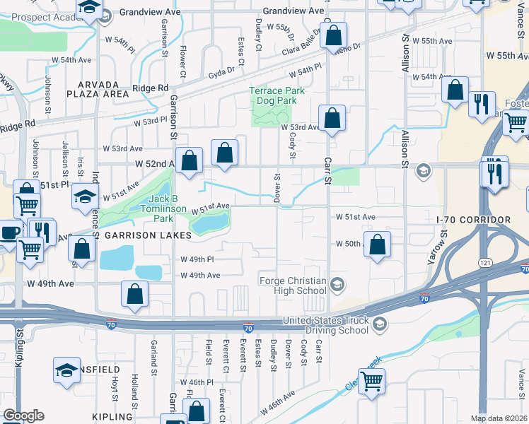 map of restaurants, bars, coffee shops, grocery stores, and more near 8600 West 51st Avenue in Arvada