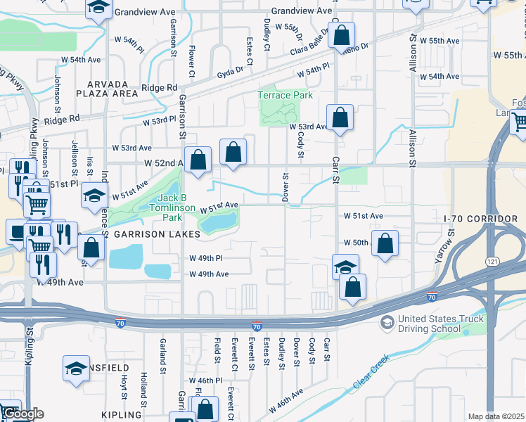 map of restaurants, bars, coffee shops, grocery stores, and more near 8700 West 51st Avenue in Arvada