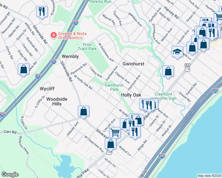 map of restaurants, bars, coffee shops, grocery stores, and more near 1801 Grant Avenue in Wilmington