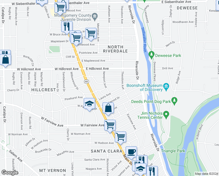 map of restaurants, bars, coffee shops, grocery stores, and more near 124 Basswood Avenue in Dayton