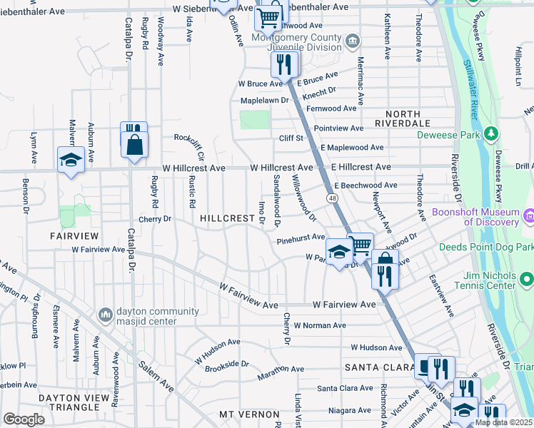 map of restaurants, bars, coffee shops, grocery stores, and more near 301 Sandalwood Drive in Dayton