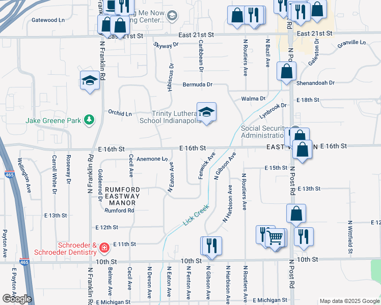 map of restaurants, bars, coffee shops, grocery stores, and more near 1518 Fenwick Court in Indianapolis