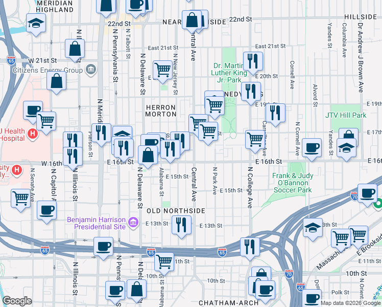 map of restaurants, bars, coffee shops, grocery stores, and more near 1620 North Central Avenue in Indianapolis