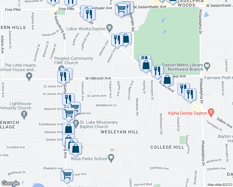 map of restaurants, bars, coffee shops, grocery stores, and more near 2201 Alpena Avenue in Dayton
