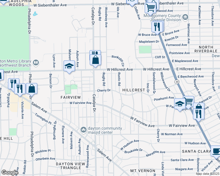 map of restaurants, bars, coffee shops, grocery stores, and more near 2305 Emerson Avenue in Dayton