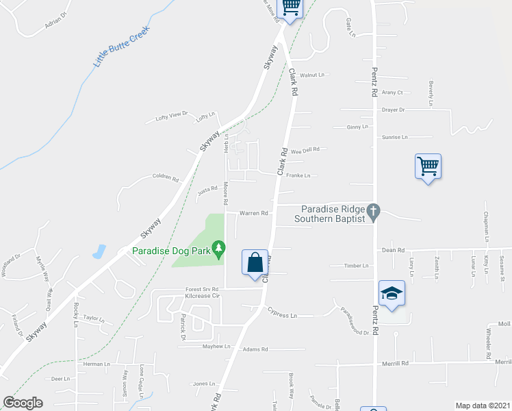 map of restaurants, bars, coffee shops, grocery stores, and more near 1543 Warren Road in Paradise