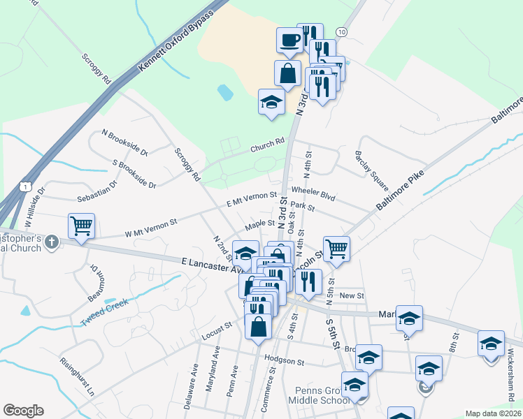 map of restaurants, bars, coffee shops, grocery stores, and more near 251 Hickory Street in Oxford