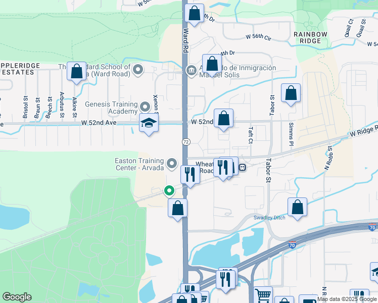 map of restaurants, bars, coffee shops, grocery stores, and more near 5074 Ward Road in Wheat Ridge