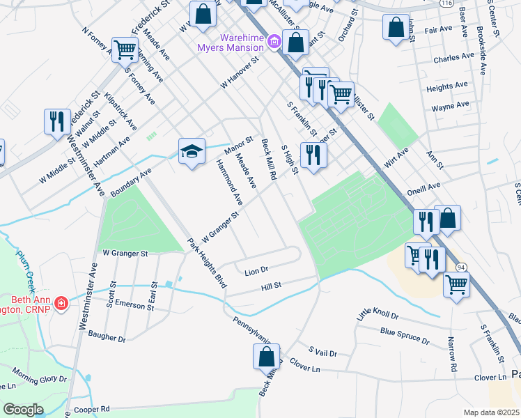 map of restaurants, bars, coffee shops, grocery stores, and more near 607 Meade Ave in Hanover