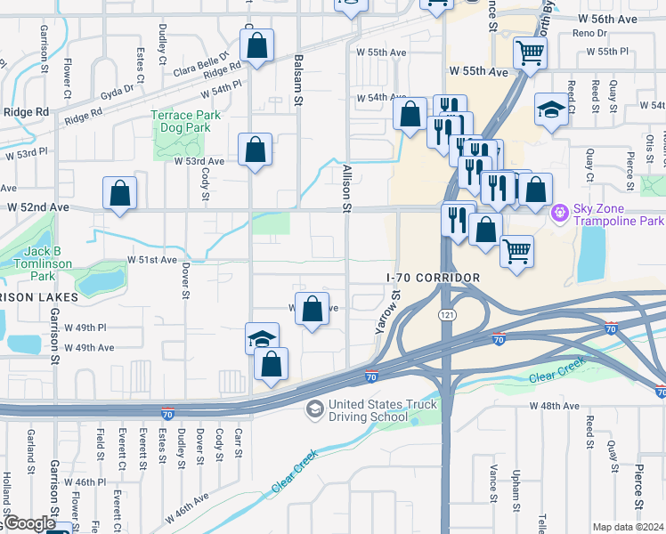 map of restaurants, bars, coffee shops, grocery stores, and more near 8021 West 51st Avenue in Arvada