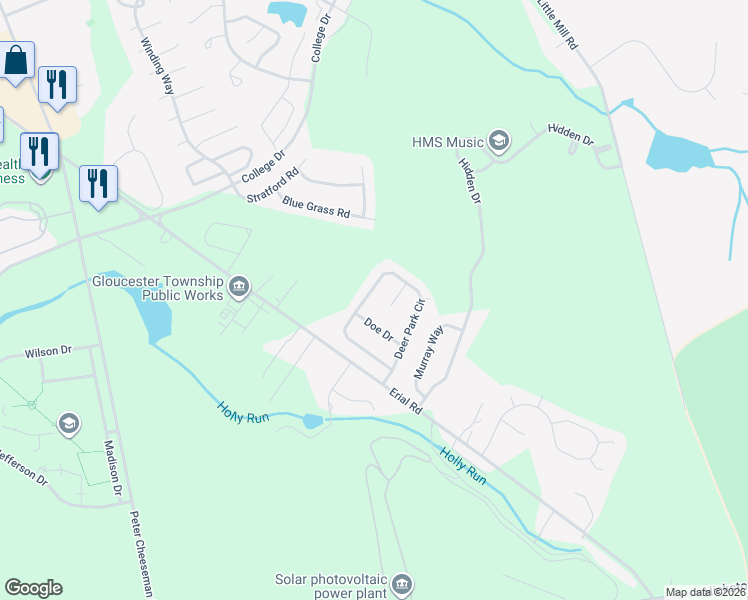 map of restaurants, bars, coffee shops, grocery stores, and more near 53 Deer Park Circle in Camden County