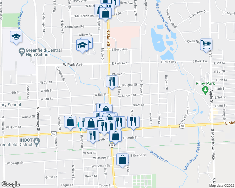 map of restaurants, bars, coffee shops, grocery stores, and more near 402 North East Street in Greenfield