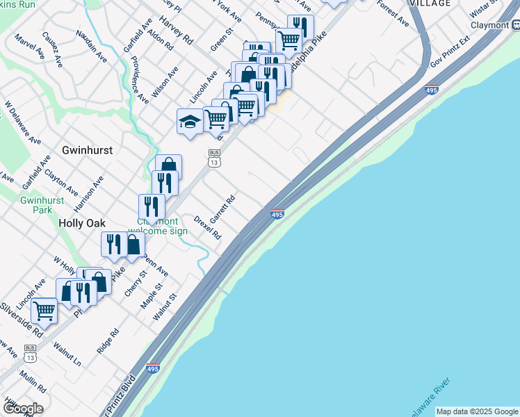 map of restaurants, bars, coffee shops, grocery stores, and more near 7509 Governor Printz Boulevard in Claymont