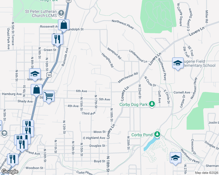 map of restaurants, bars, coffee shops, grocery stores, and more near 2804 North 18th Street in Saint Joseph