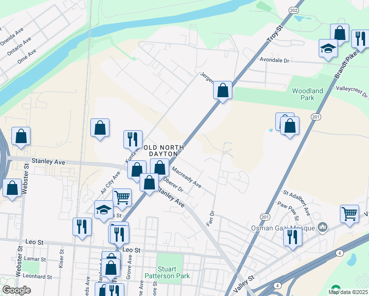 map of restaurants, bars, coffee shops, grocery stores, and more near 1726 Troy Street in Dayton