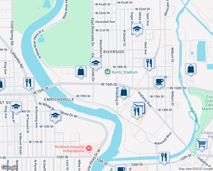 map of restaurants, bars, coffee shops, grocery stores, and more near 1551 West 16th Street in Indianapolis