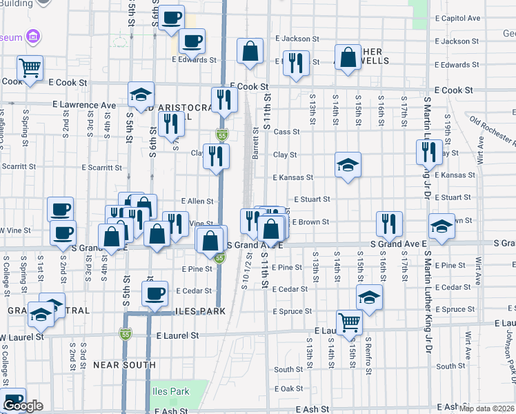 map of restaurants, bars, coffee shops, grocery stores, and more near 1129 South 11th Street in Springfield