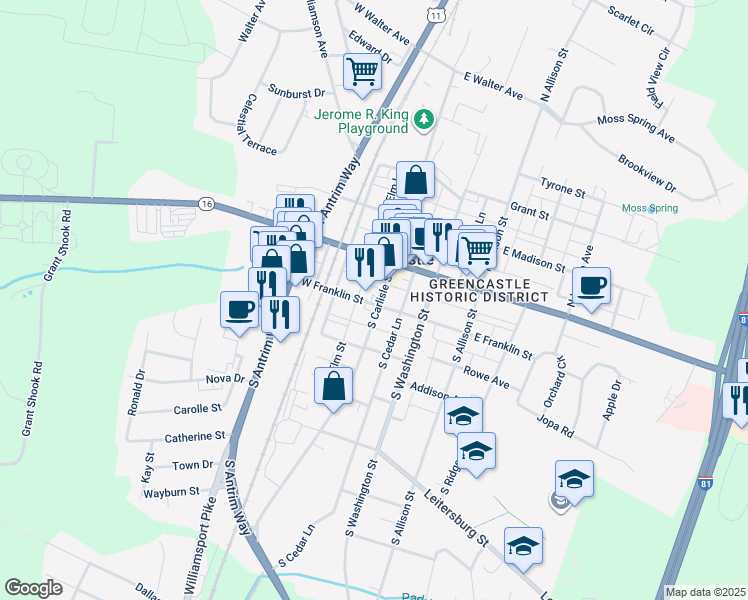 map of restaurants, bars, coffee shops, grocery stores, and more near 47 South Carlisle Street in Greencastle