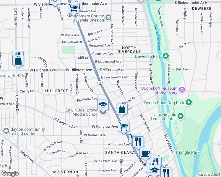 map of restaurants, bars, coffee shops, grocery stores, and more near 17 East Shadyside Drive in Dayton